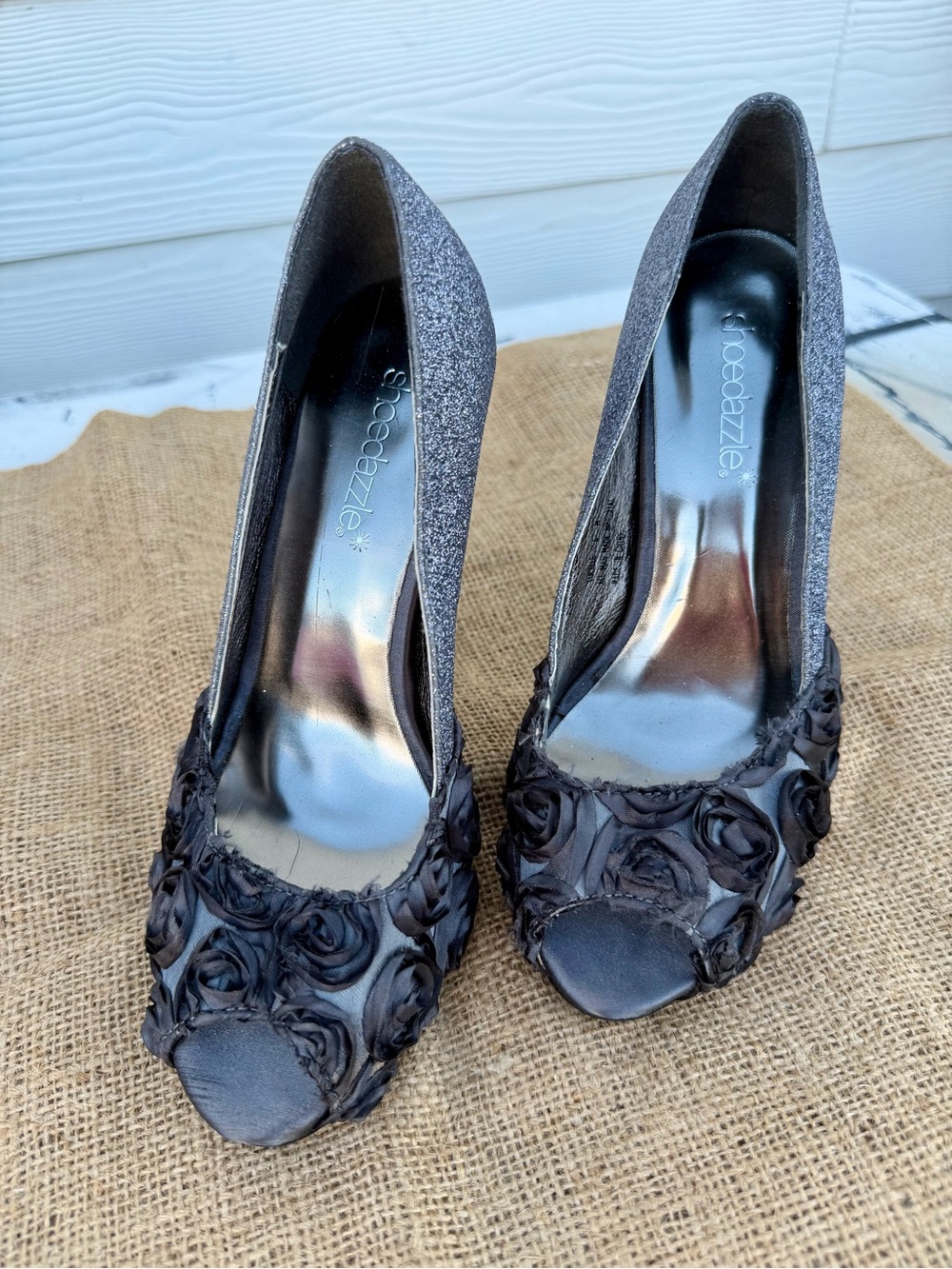 ShoeDazzle “Lucille” Glitter Rosette Peep-Toe Pumps